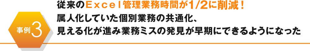 従来のExcel管理業務時間が1/2に削減!属人化していた個別業務の共通化、見える化が進み業務ミスの発見が早期にできるようになった
